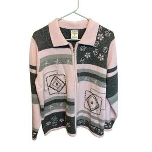 Allison Daley 90s Vintage Full Zip Cottage Patchwork Pink Long Sleeve Sweater 1X